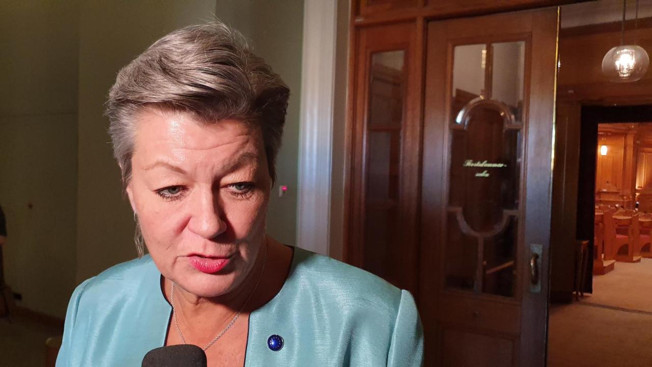 Sveriges EU-kommissionär Ylva Johansson direkt efter att hon pratat migrationspolitik med riksdagens utrikesutskott.