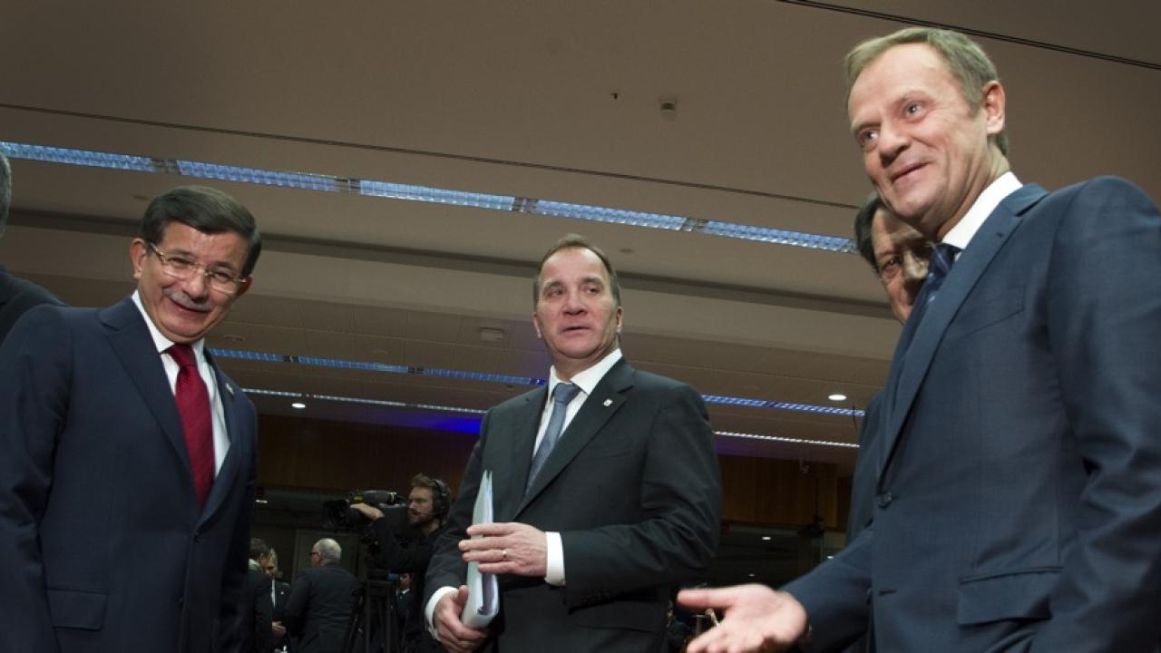 Turkiets premiärminister Ahmet Davutoğlu, statsminister Stefan Löfven och Europeiska rådets ordförande Donald Tusk.