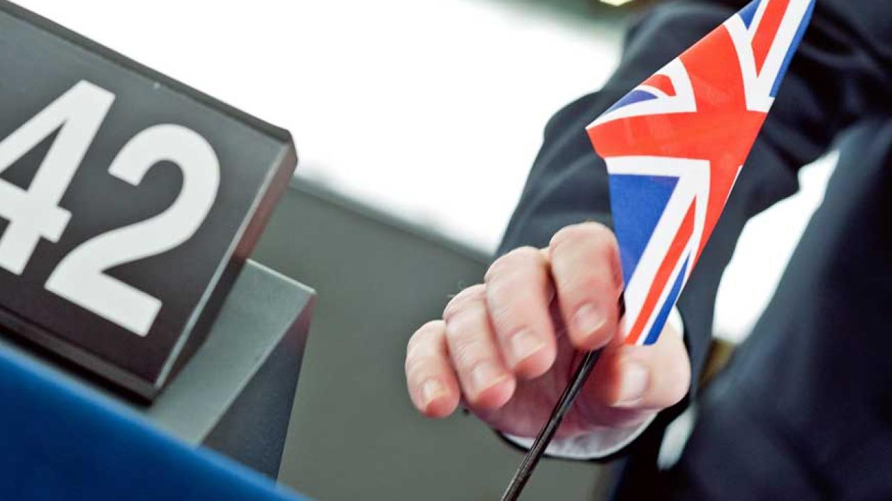 En ledamot i Europaparlamentet ställer fram den brittiska flaggan i plenum.