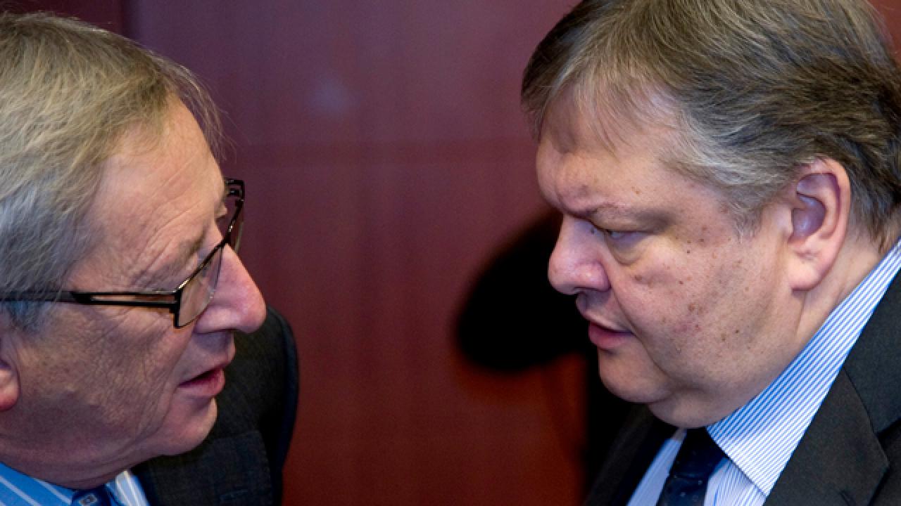 Jean-Claude Juncker, eurogruppens ordförande, och Evangelos Venizelos, grekisk finansminister, under gårdagens möte i Bryssel.