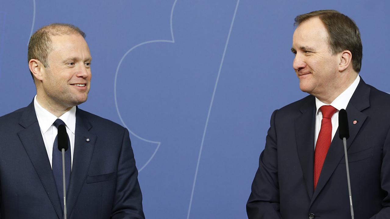 Maltas premiärminister Joseph Muscat och statsminister Stefan Löfven efter tisdagens möte.