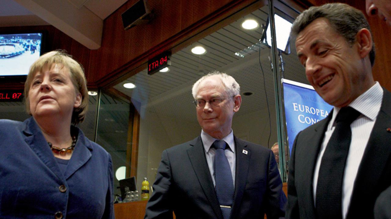 De tre kombattanterna. Angela Merkel, Herman Van Rompuy och Nicolas Sarkozy.