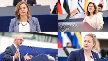 Övre raden: Isabella Lövin (MP) och Jessica Polfjärd (M). Nedre raden: Charlie Weimers (SD) och Emma Wiesner (C).