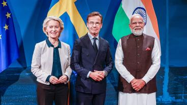 EU-kommissionens ordförande Ursula von der Leyen, statsminister Ulf Kristersson och Indiens premiärminister Narendra Modi.