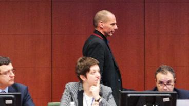 Greklands finansminister Yanis Varoufakis vid måndagens eurogruppsmöte.