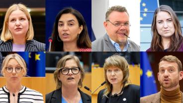 Europaparlamentariker Abra Kokalari (M), Evin Incir (S), David Lega (KD) och Emma Wisener (C). Nedre raden Jessica Stegrud (SD), Karin Karlsbro (L),  Malin Björk (V) och Jakop Dalunde (MP).
