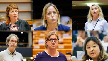 Övre raden: Malin Björk (V), Jytte Guteland (S) och Jessica Stegrud (SD). Nedre raden: Pär Holmgren (MP), Karin Karlsbro (L) och Jessica Polfjärd (M).
