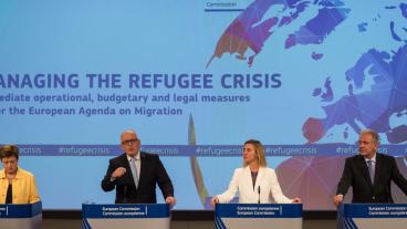 EU-kommissionärerna Kristalina Georgieva, Frans Timmermans, Federica Mogherini och Dimitris Avramopoulos