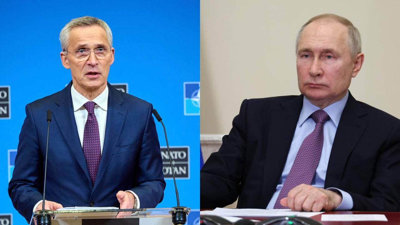 Natos generalsekreterare Jens Stoltenberg och Rysslands ledare Vladimir Putin. 