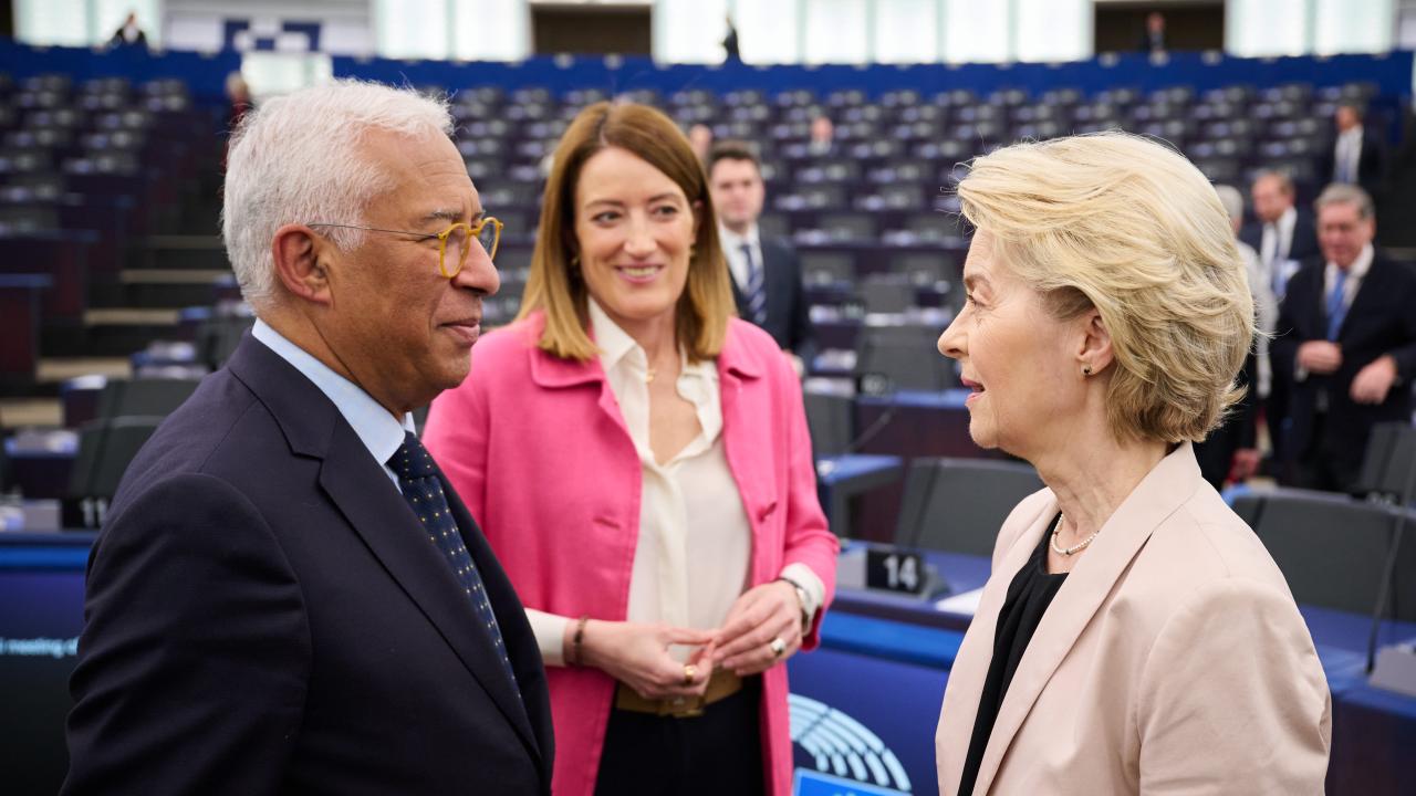 Ledarna för de tre EU-institutionerna Europeiska rådet (António Costa), EU-parlamentet (Roberta Metsola) och EU-kommissionen (Ursula von der Leyen). Arkivbild.