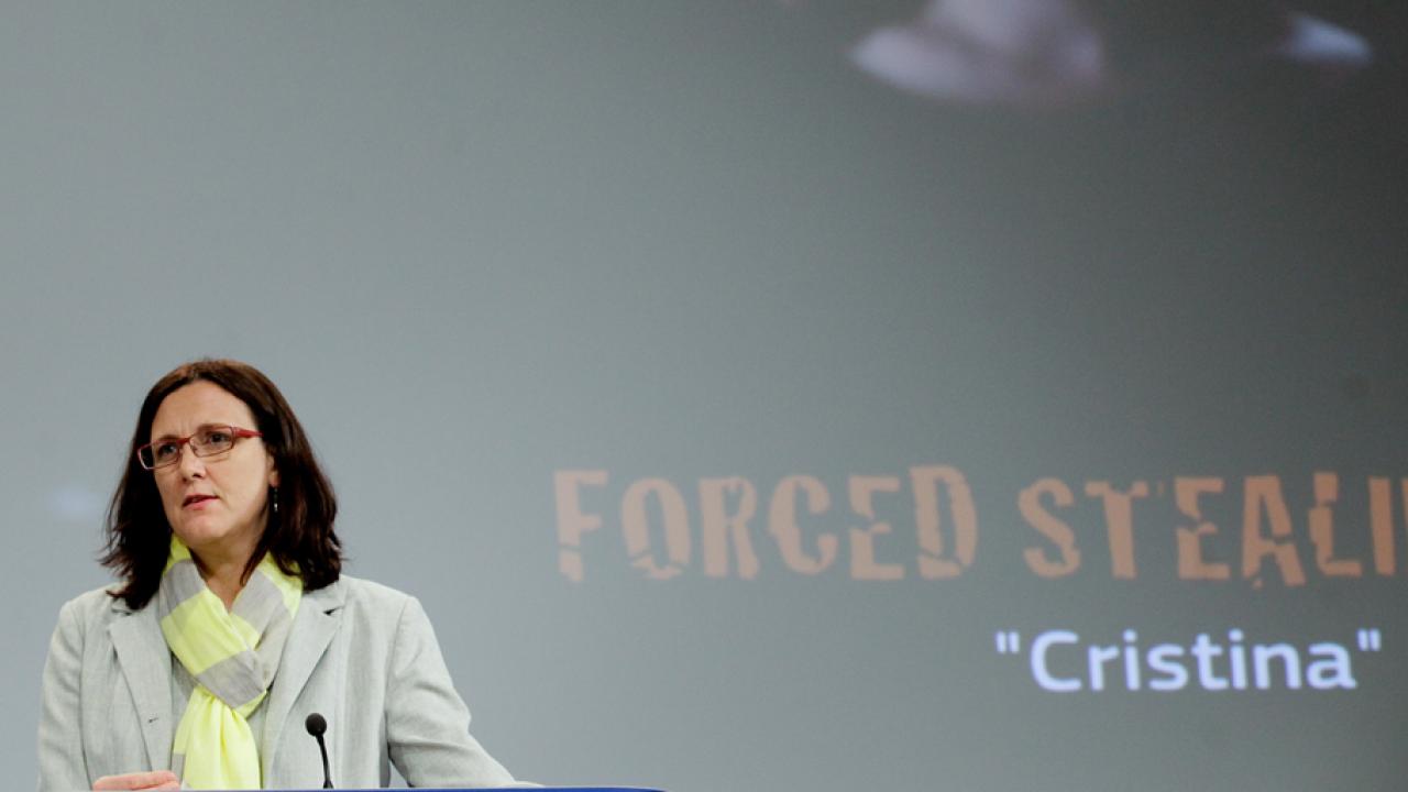 Cecilia Malmström vid dagens presskonferens i Bryssel.