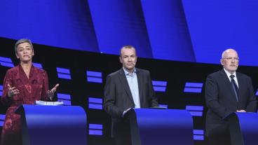 Blir nån av dessa tre toppkandidater nästa ordförande i EU-kommissionen? Danska liberalen Margrethe Vestager, tyske kristdemokraten Manfred Weber och nederländske socialdemokraten Frans Timmermans. Arkivbild.