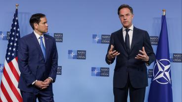 USA:s utrikesminister Marco Rubio och Natos generalsekreterare Mark Rutte inför torsdagens utrikesministermöte i Bryssel.