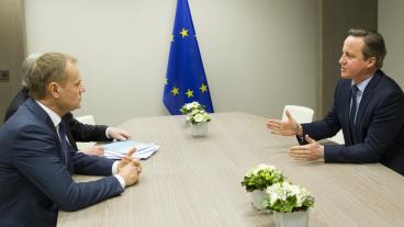 Europeiska rådets ordförande Donald Tusk i samtal med Storbritanniens premiärminister David Cameron.