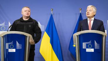 Den ukrainske riksåklagaren Andrij Kostin och EU:s justitiekommissionär Didier Reynders.