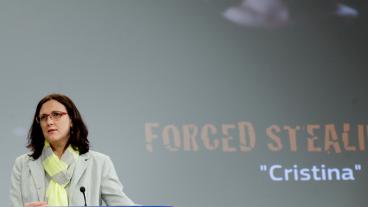 Cecilia Malmström vid dagens presskonferens i Bryssel.