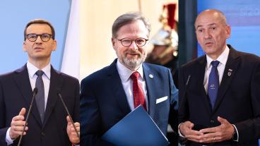 Polens Mateusz Morawiecki, Tjeckiens Petr Fiala och Sloveniens Janez Janša.
