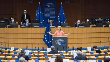 EU-kommissionens ordförande Ursula von der Leyen talar på onsdagen inför EU-parlamentet i Bryssel. 