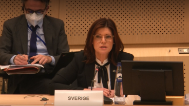 Sveriges arbetsmarknadsminister Eva Nordmark (S) läser upp protokollsuttalandet under måndagens ministerrådsmöte i Bryssel.